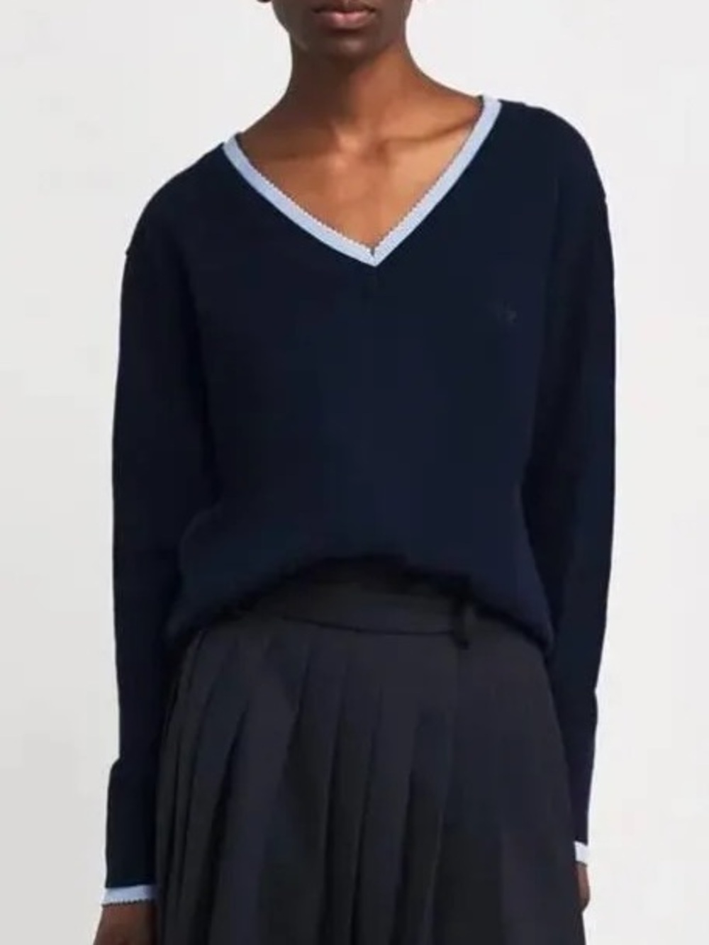 Sandro Gaspard Wool Sweater - Navy V-Neck with Light Blue Trim
